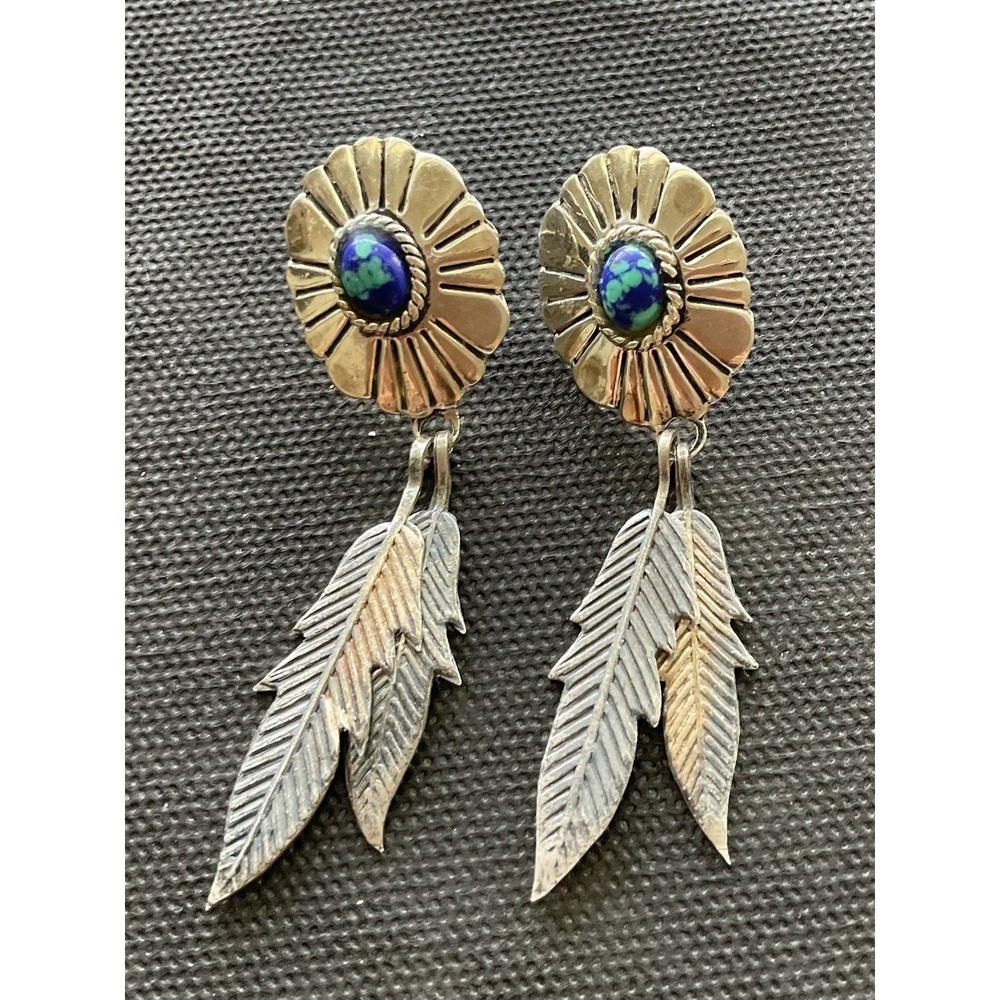 vintage Navajo Native American sterling silver earrings Concho Azurite